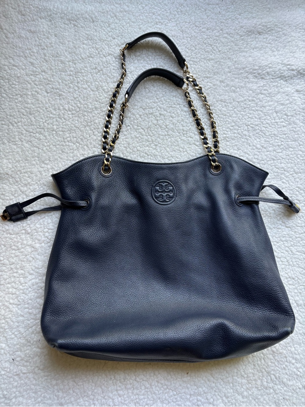 Tory Burch Navy Large Marion Slouchy Hobo Leather Chain-Handle Tote